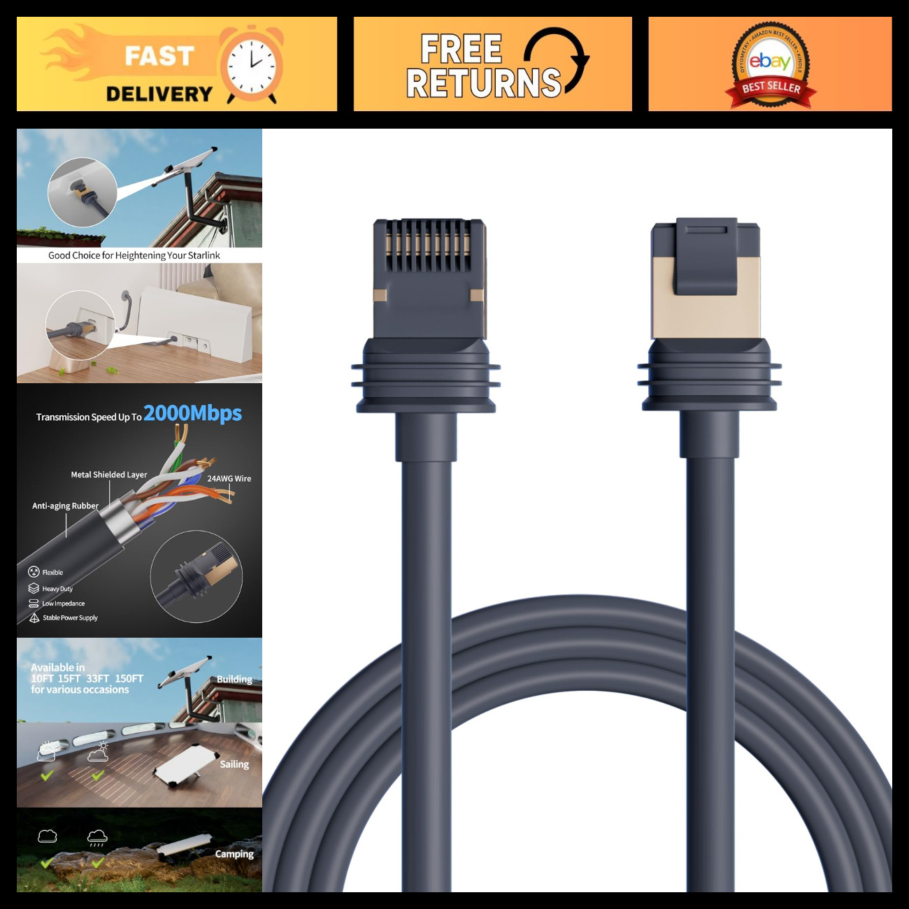 10FT Waterproof Replacement Cable for Starlink Gen 3 Standard 4/4X/V5 - Durable