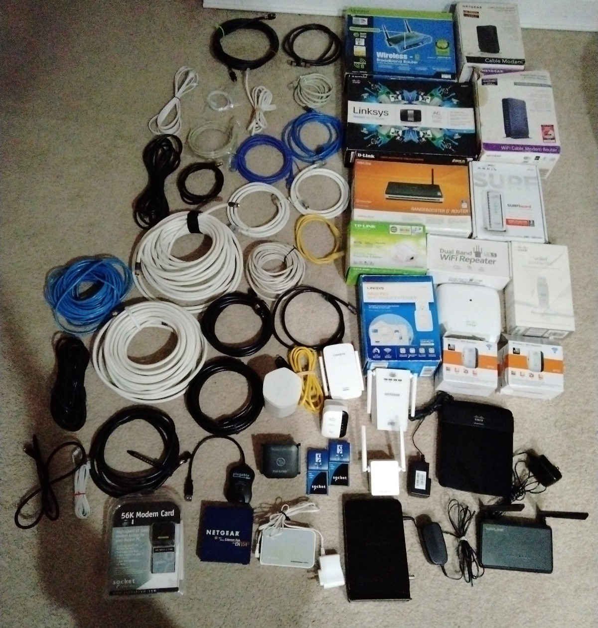 Lot of 28 Networking Wifi Routers Extenders Repeaters Switches Ethernet Cables