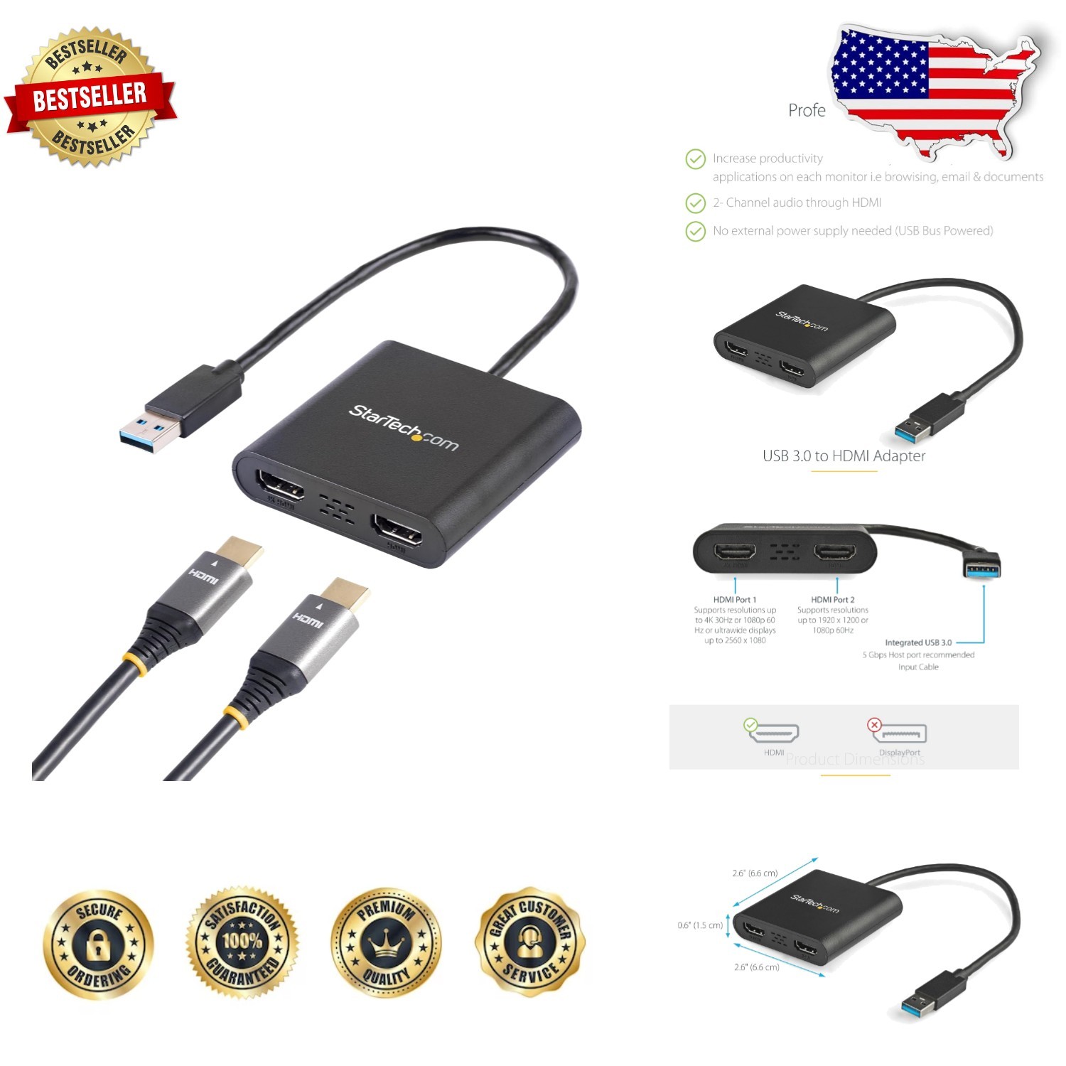 StarTech USB 3.0 Dual HDMI Adapter 4K 30Hz WUXGA Win Only