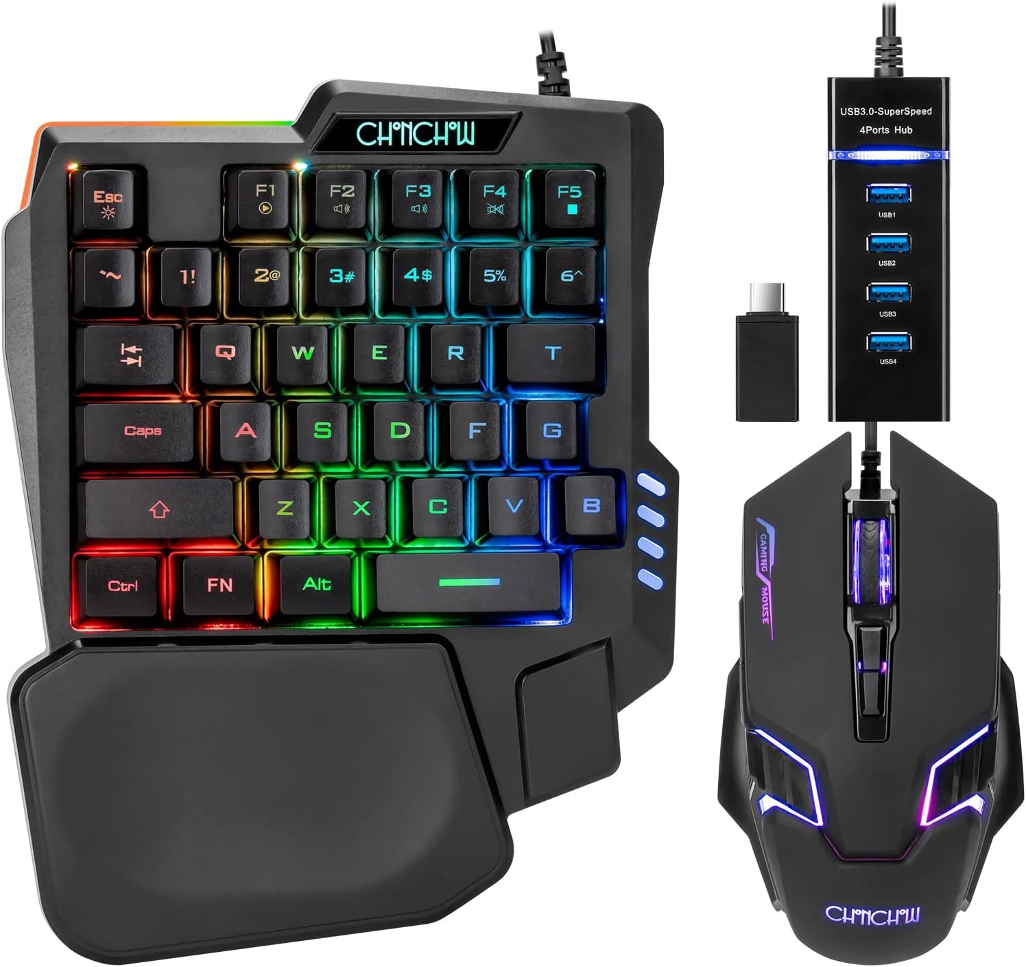 One-Handed Half Keyboard & Mouse Combo USB Type-C Adapter RGB 7200DPI