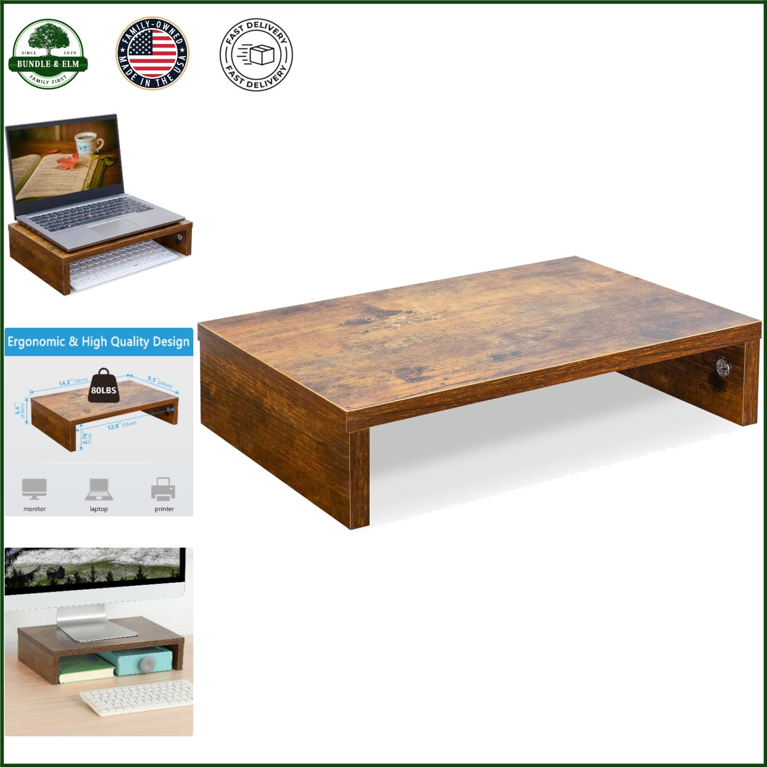 Wooden Monitor Stand for Desk, Ergonomic Height, Perfect Gift for Professionals