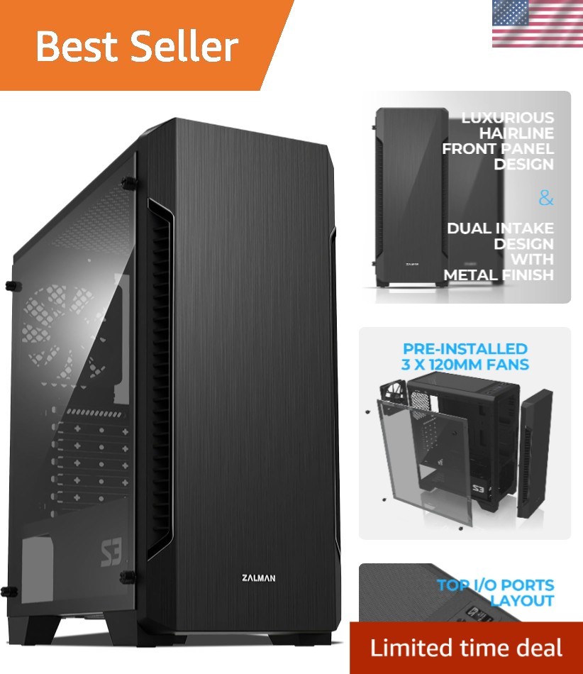 S3 Compact ATX Mid-Tower Desktop PC Case, 3X 120mm Fans, Black