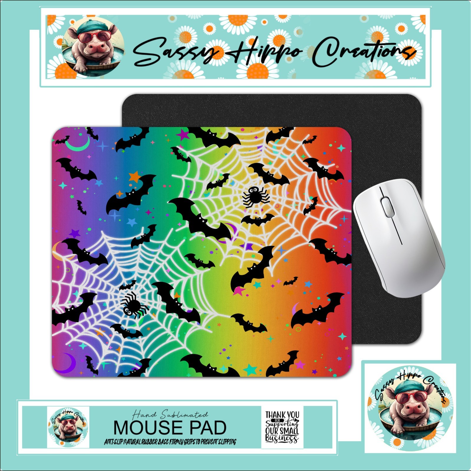 Mouse Pad Black Bats Colorful Spider Webs Halloween Anti Slip Back Easy Clean