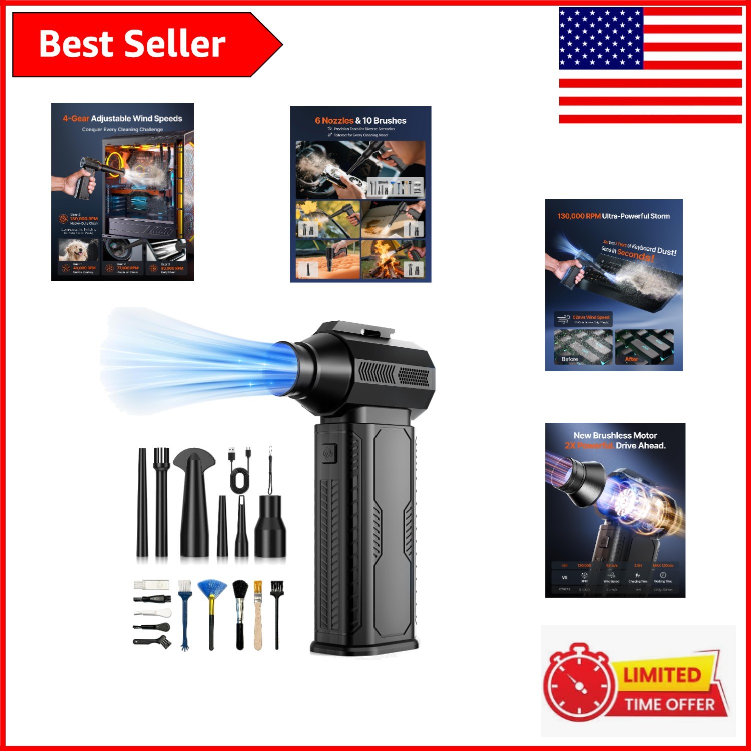 Rechargeable 130K RPM Air Duster - Lightweight, Fast Charging & Safe for Devices
