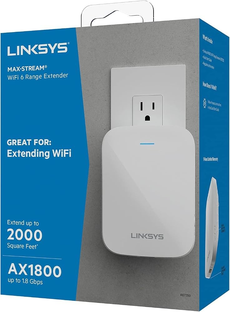 Linksys RE7350 AX1800 Max Stream WiFi 6 Range Extender Dual Band White Plug-in