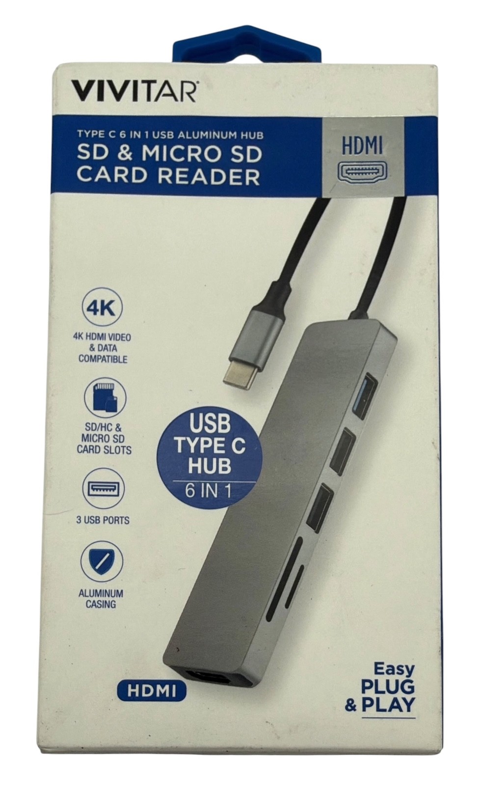 Vivitar Type C 6 In 1 USB Aluminum Hub SD/Micro SD Card Reader 4K 3 USB Ports