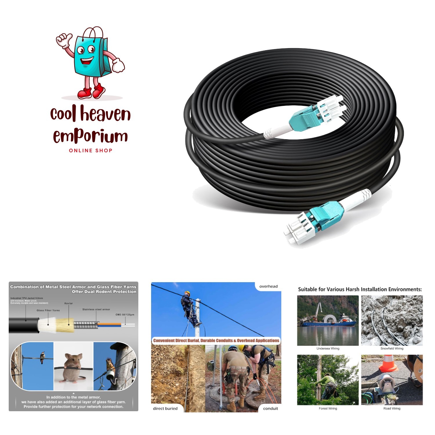 100ft/30m OD-5mm Industrial TPU OM3 Fiber LC Outdoor Armored Fiber Cable