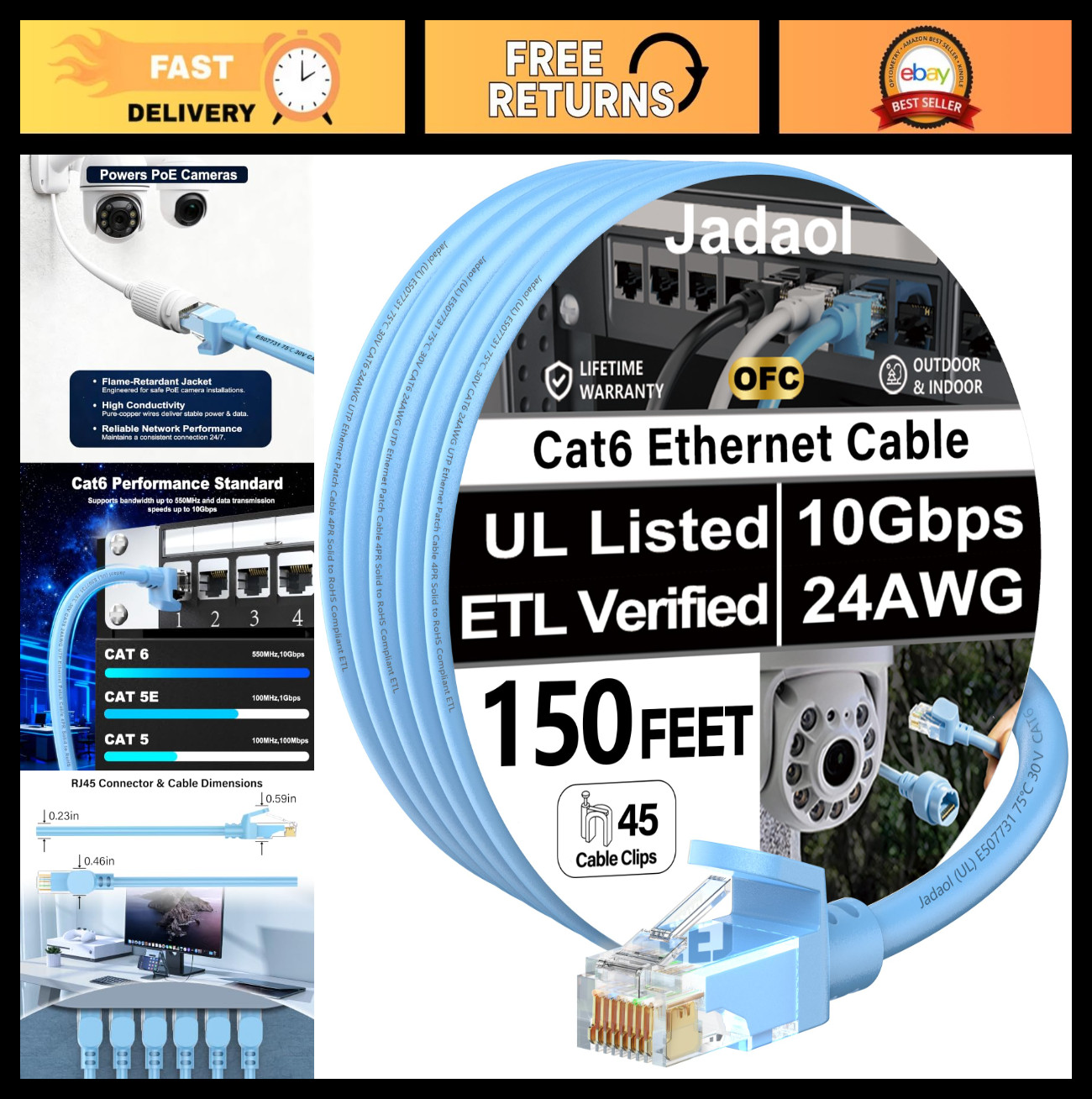 150ft Cat6 Ethernet Cable 10Gbps PoE++ UL Listed with Clips - High-Speed Network