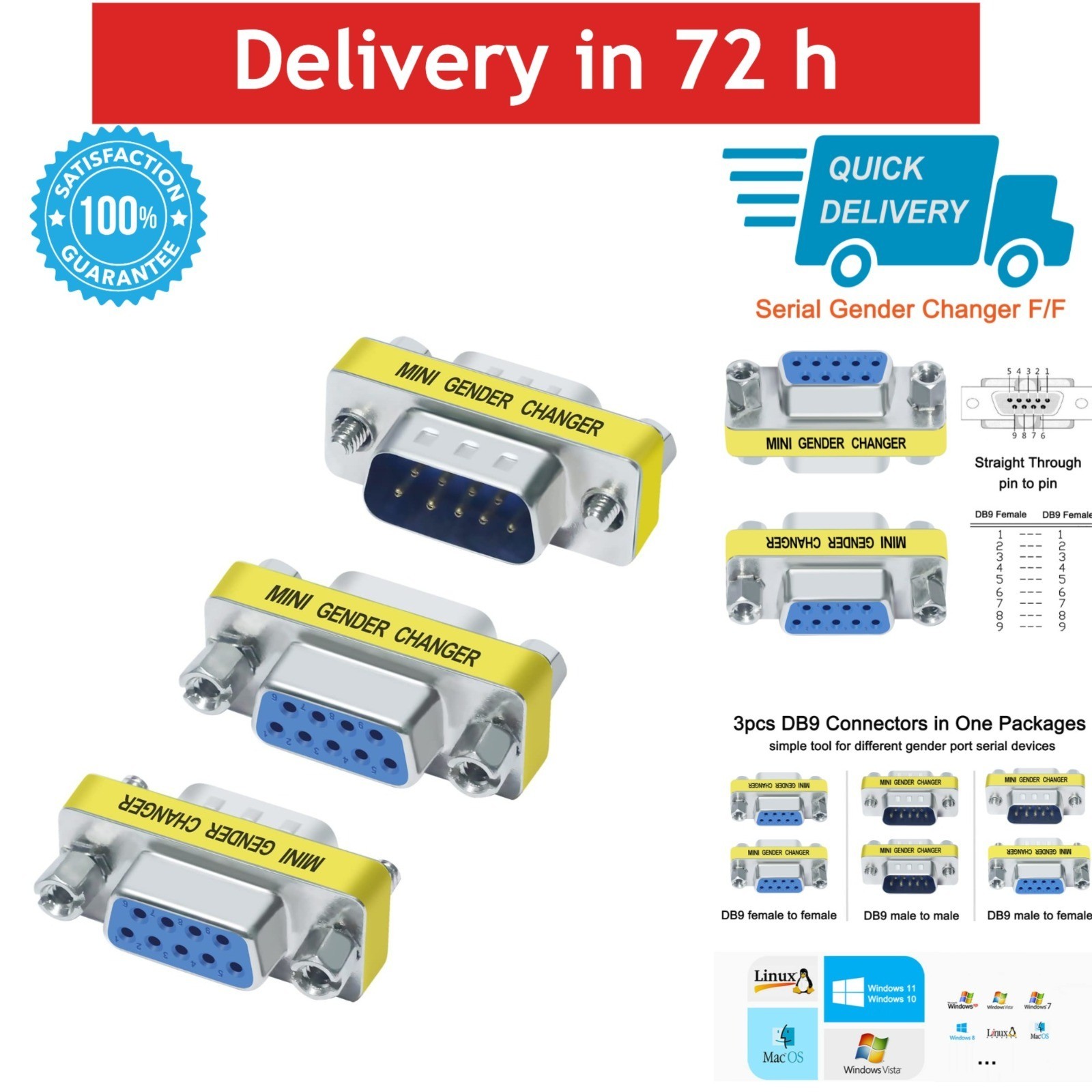 DTECH DB9 RS232 Serial Adapter 3-Pack F-F M-F M-M Gender Changer