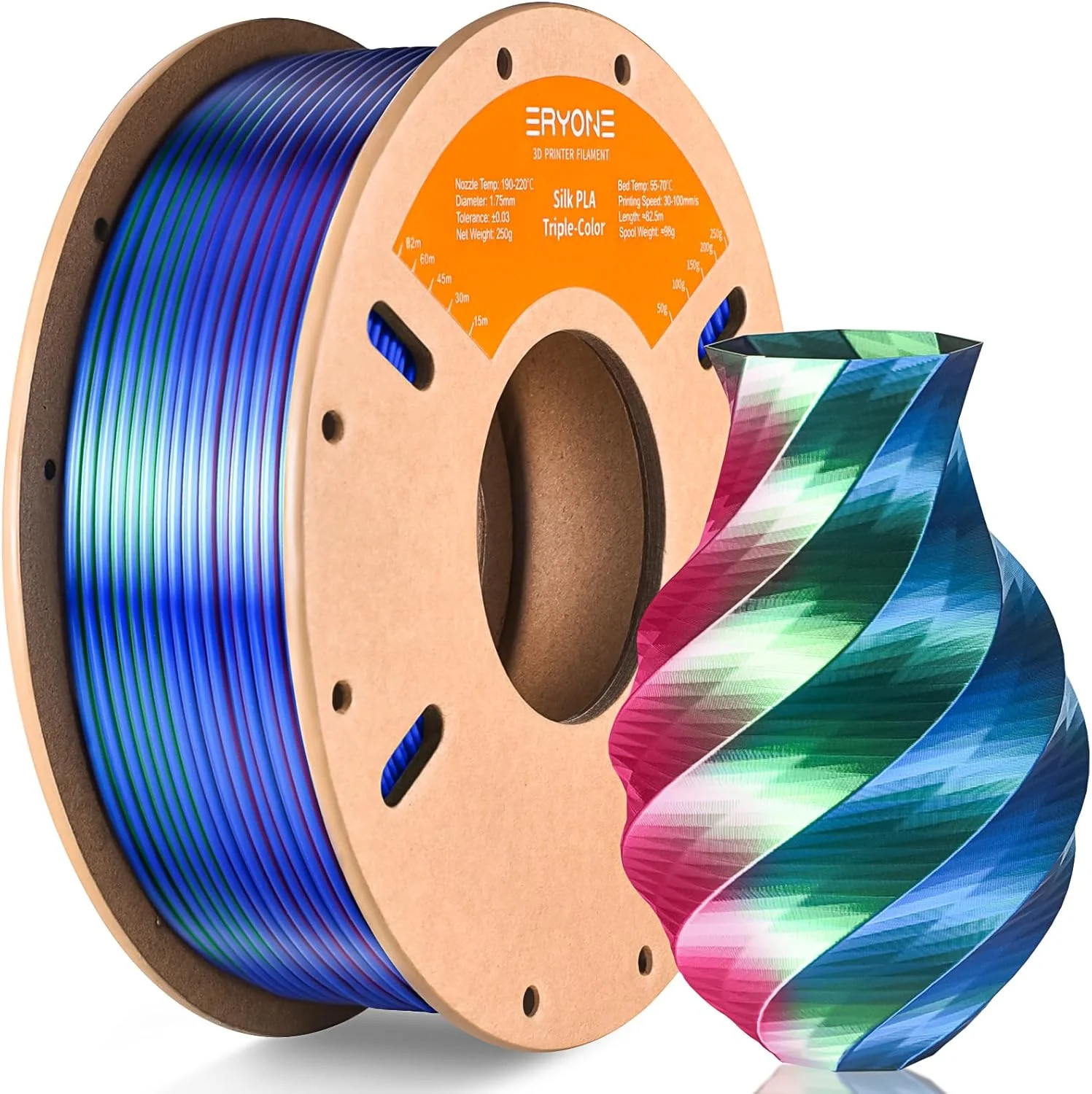 ERYONE Silk Tri Color PLA Filament 3D Printer 1.75mm +/- 0.03mm, Multicolor Fila
