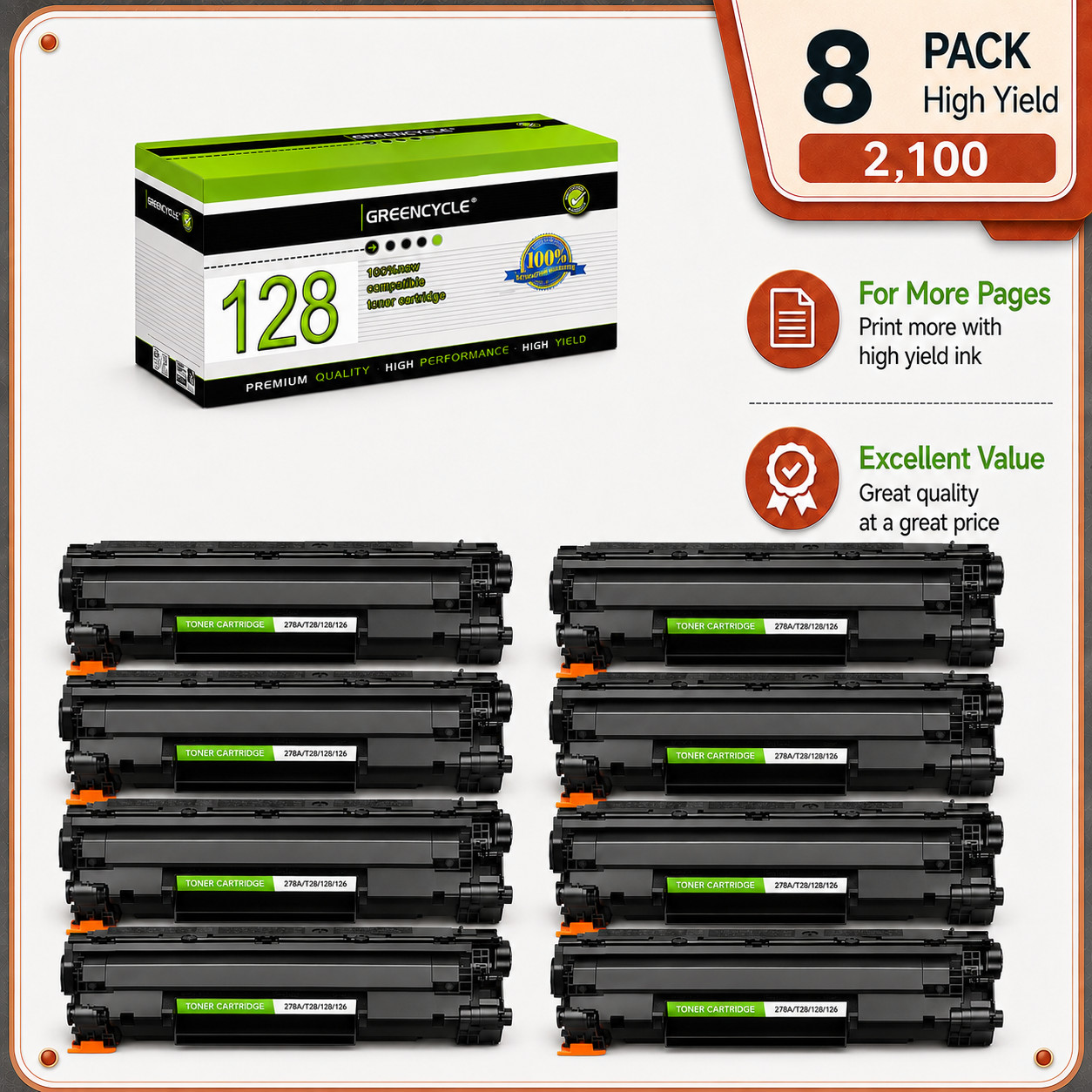 Greencycle Compatible Toner Cartridge Replacement for Canon 128 CRG128 8 Pack