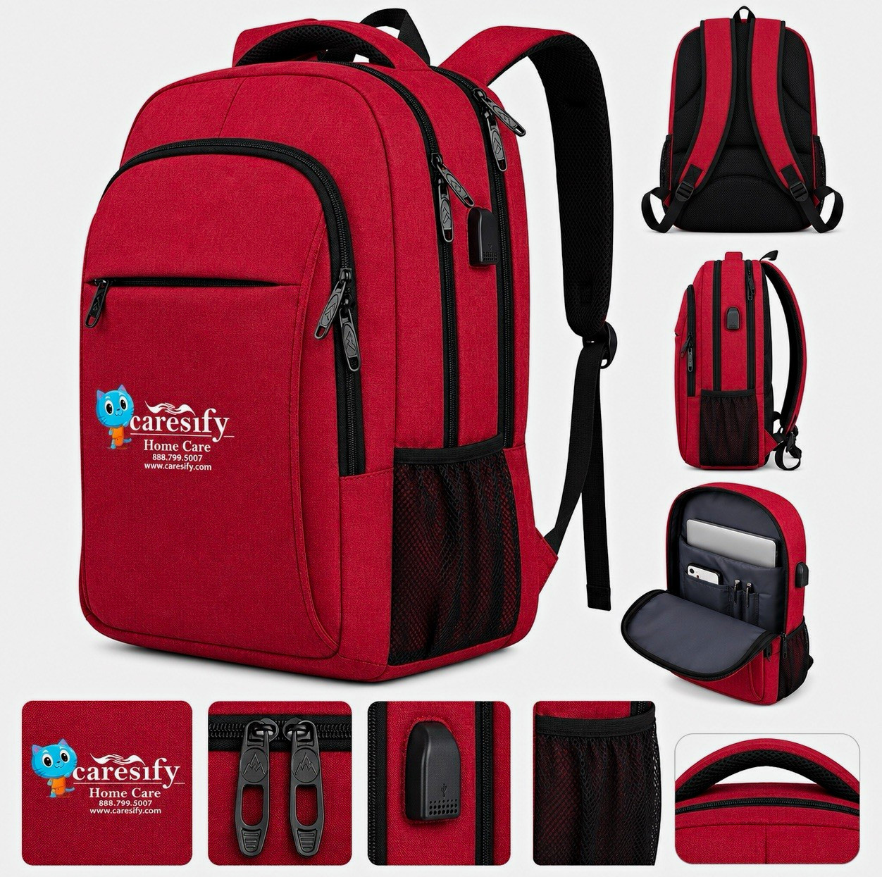Caresify Every Day Laptop Backpack with USB Charging Port, Water-Resistant 15.6”