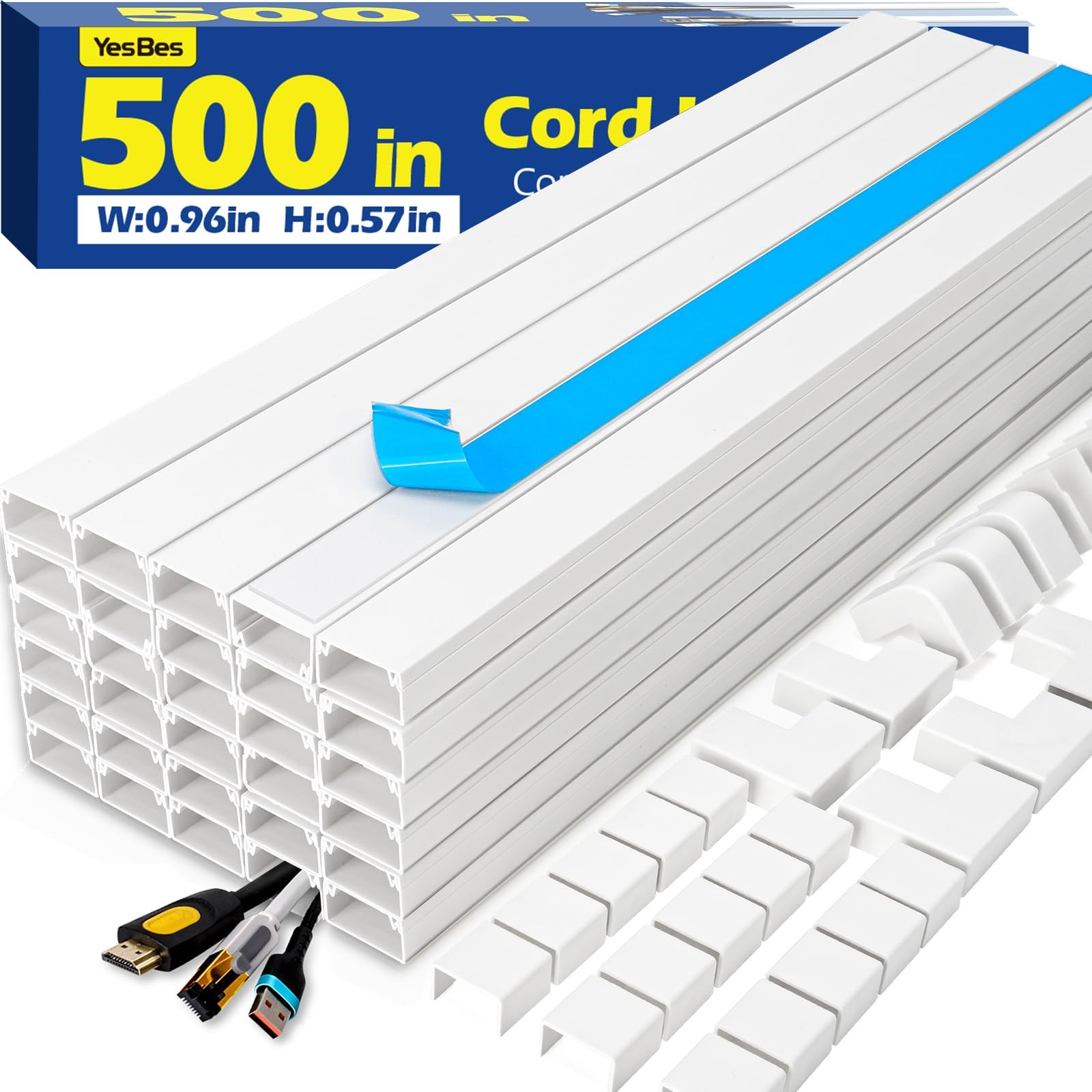 Cord Hider Kit 500in Paintable Raceway Cable Covers for Wall Mount TV White