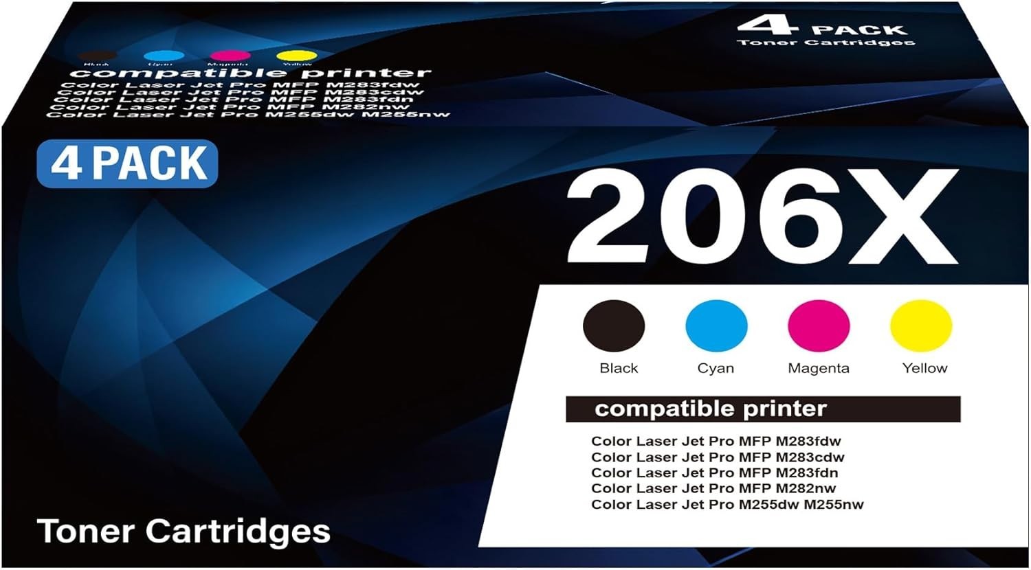 206X Toner 4 Pack w Chip for HP M255 M283 M282 Black Cyan Magenta