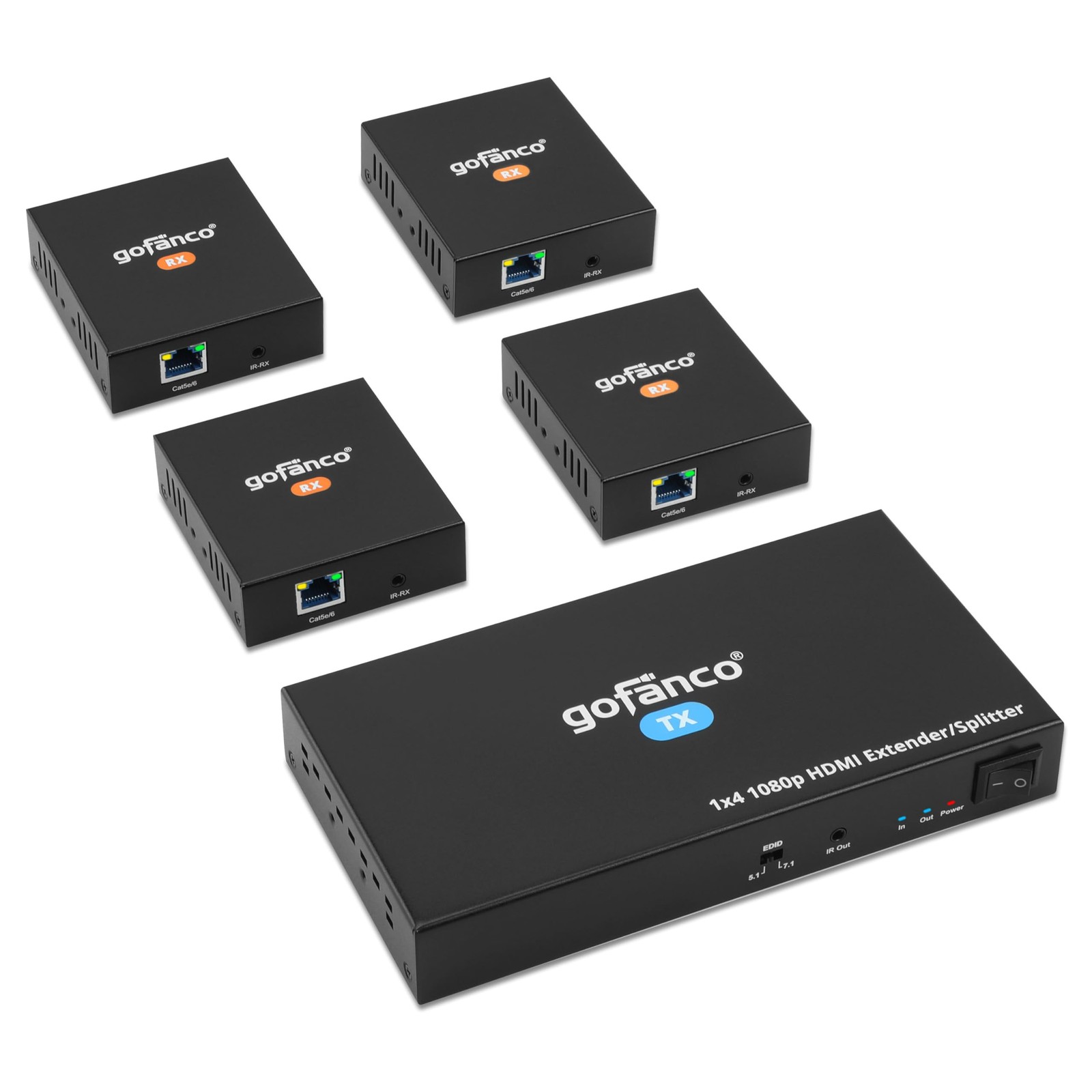 gofanco 1080p 1x4 HDMI Extender Splitter Over CAT5e/6/7 Ethernet Cable 4-Port