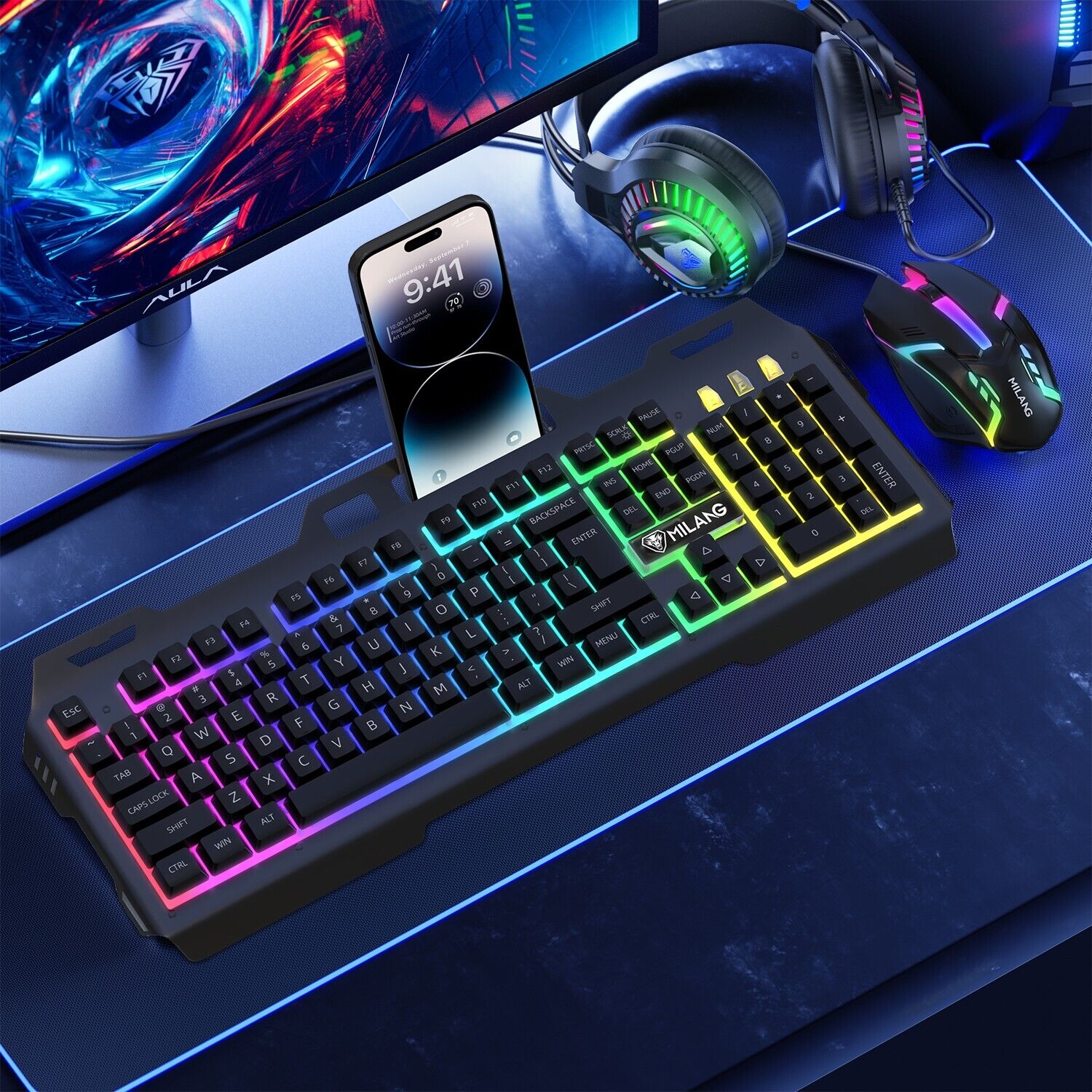 Computer Desktop Gaming Keyboard and Mouse Mechanical Feel LED Light Backlit US