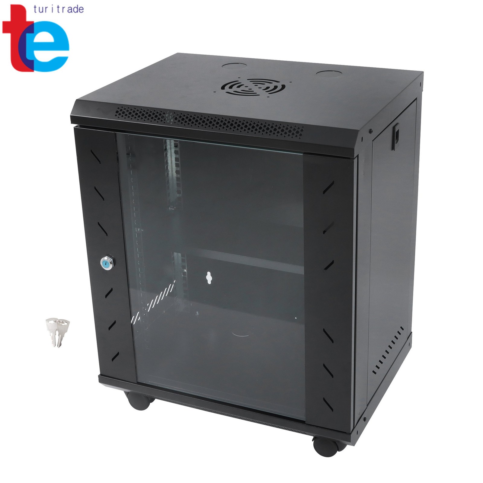 12U Server Cabinet 15.5" Deep, Locking Tempered Glass Door & Steel Panels