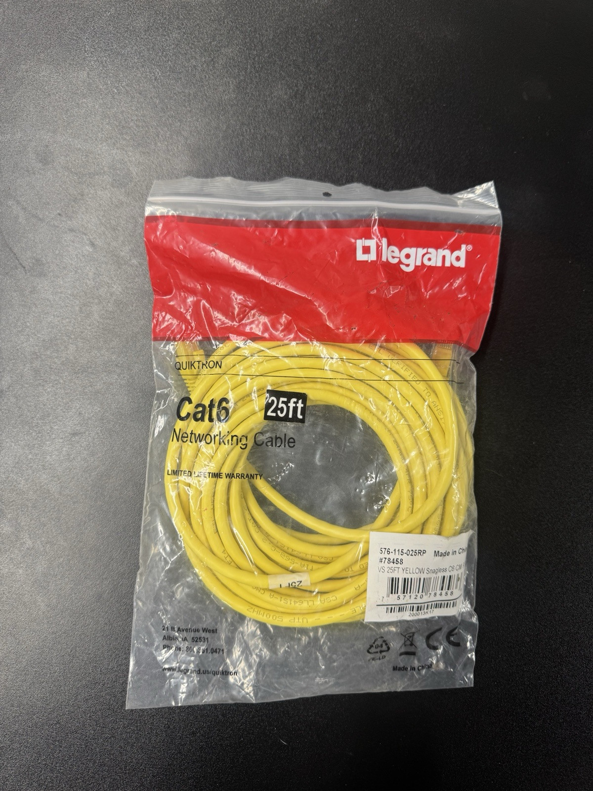 Legrand 25 Foot Yellow Snag Glass Cat Six Network Patch Cable