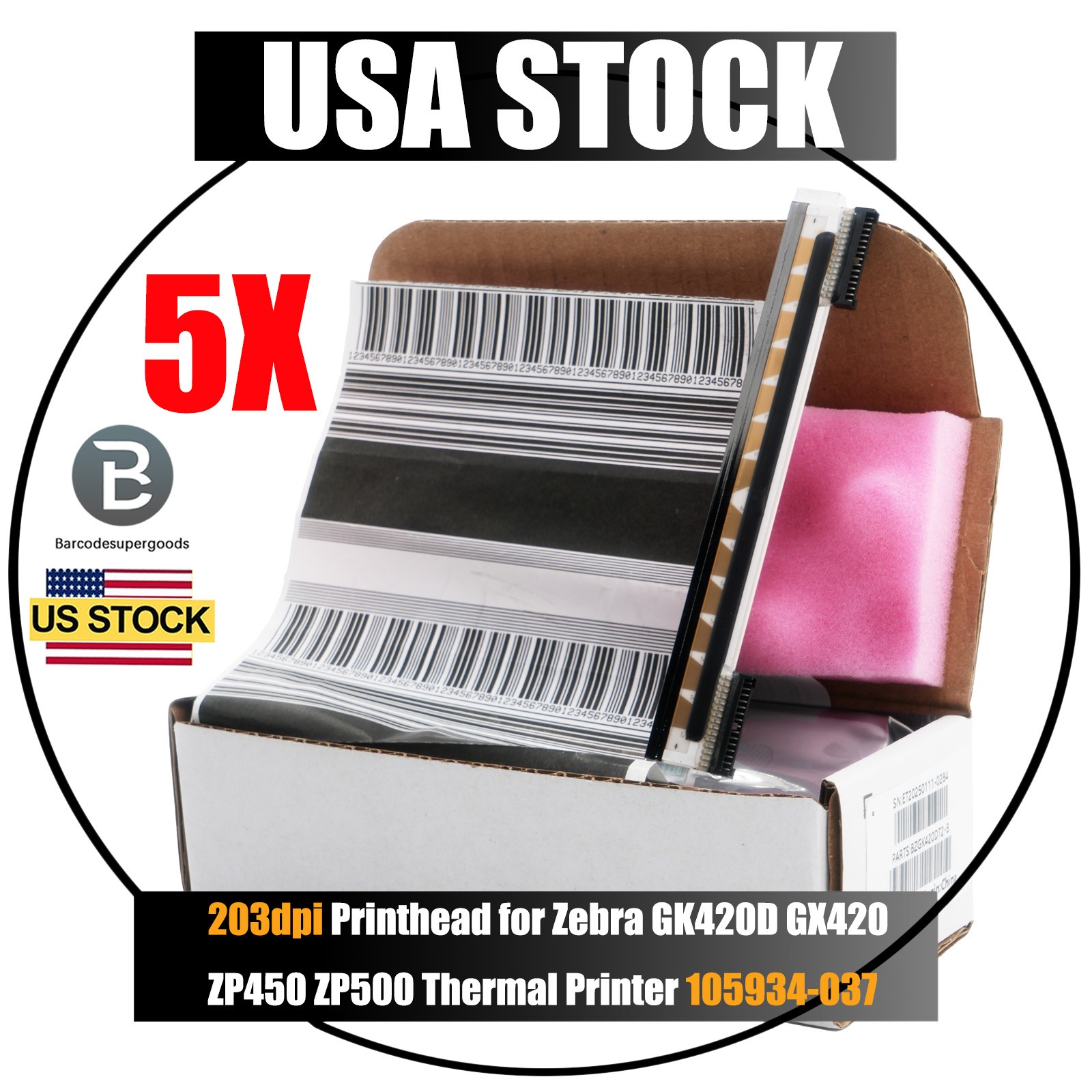 5-Packs Printhead for Zebra GK420D GX420 ZP450 ZP500 203dpi 105934-037 New