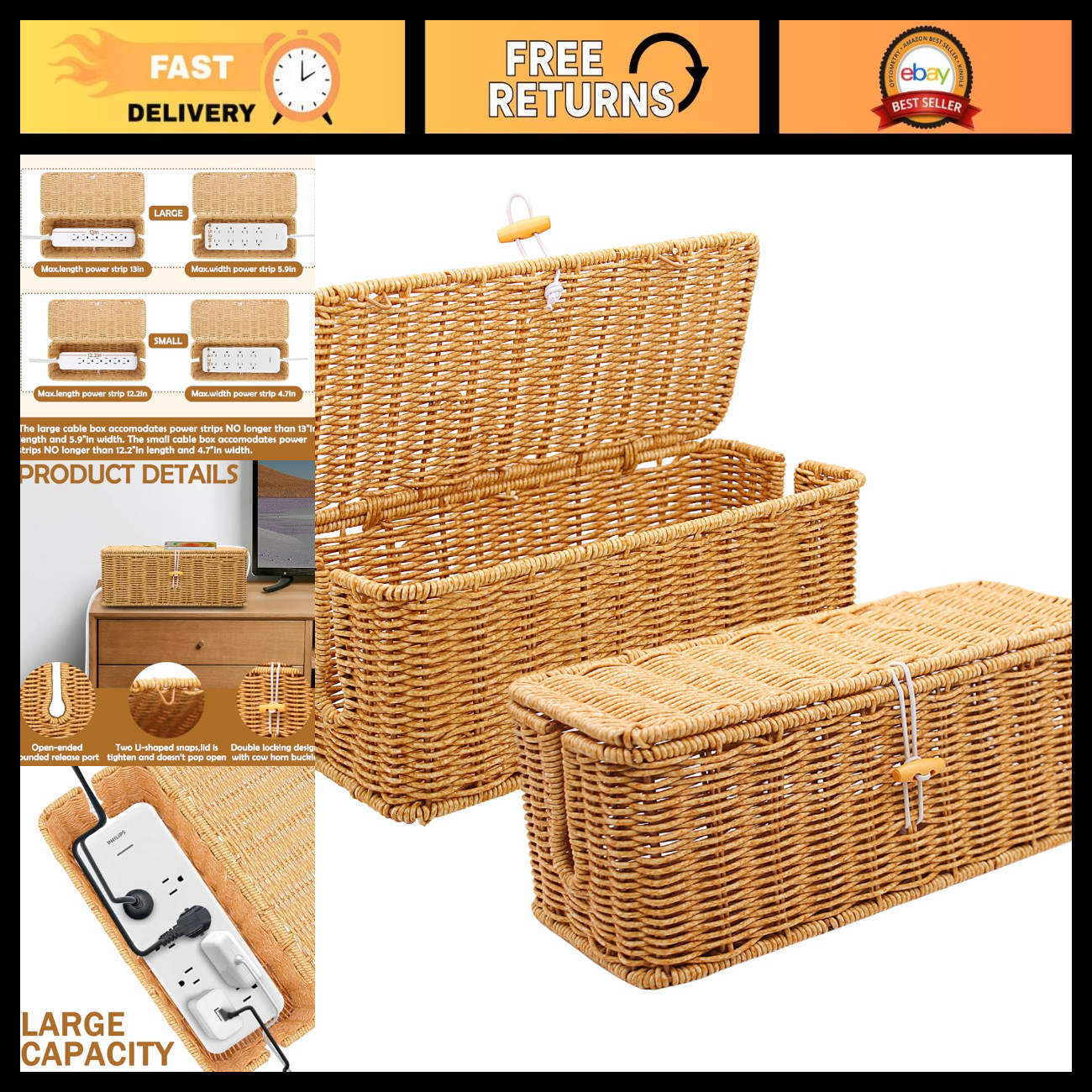 2PCS Handmade Rattan Cable Management Box, Cord Organizer Basket for Home/Office
