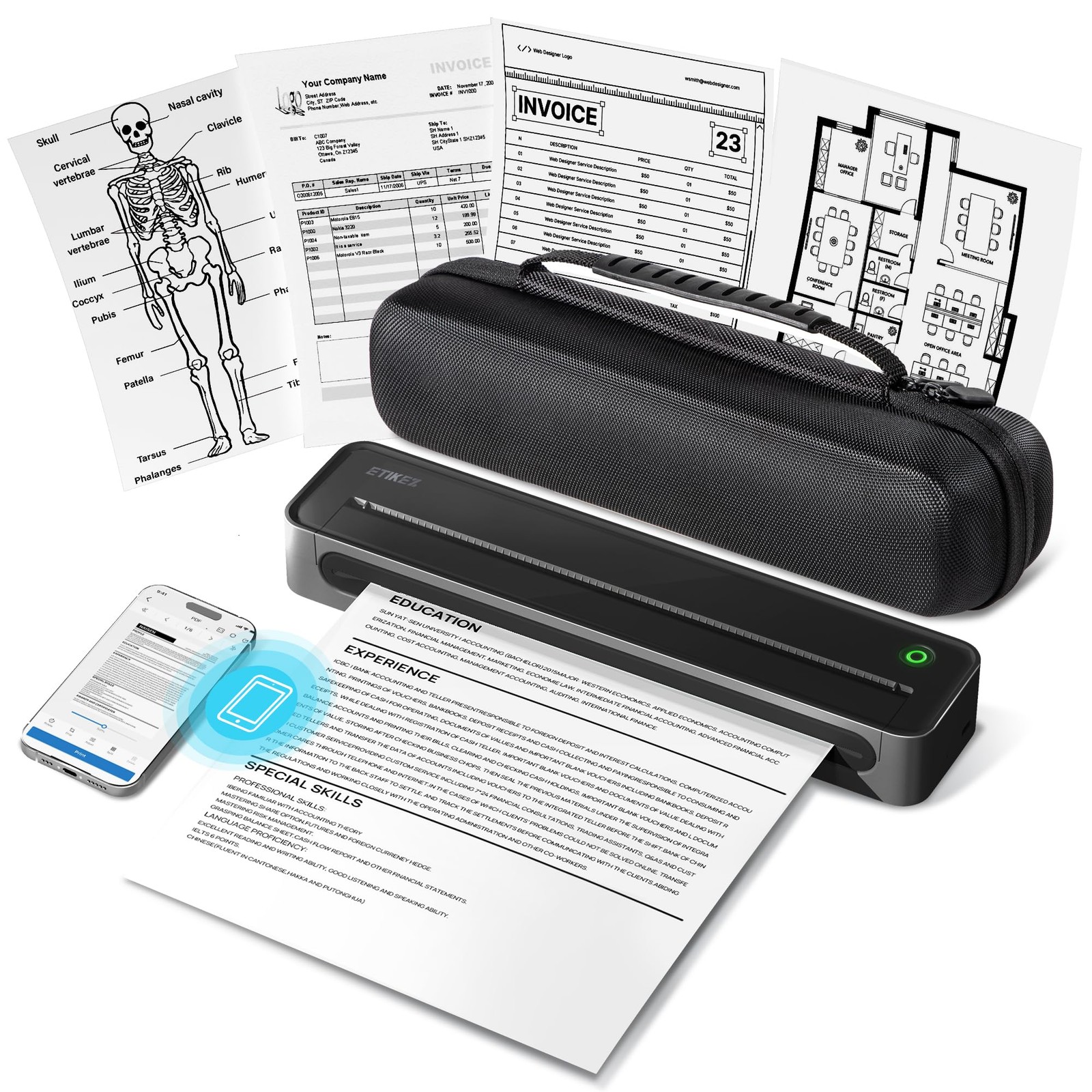 ETIKEZ D90E Inkless Portable Thermal Printer with Case – 8.5" x 11", Black