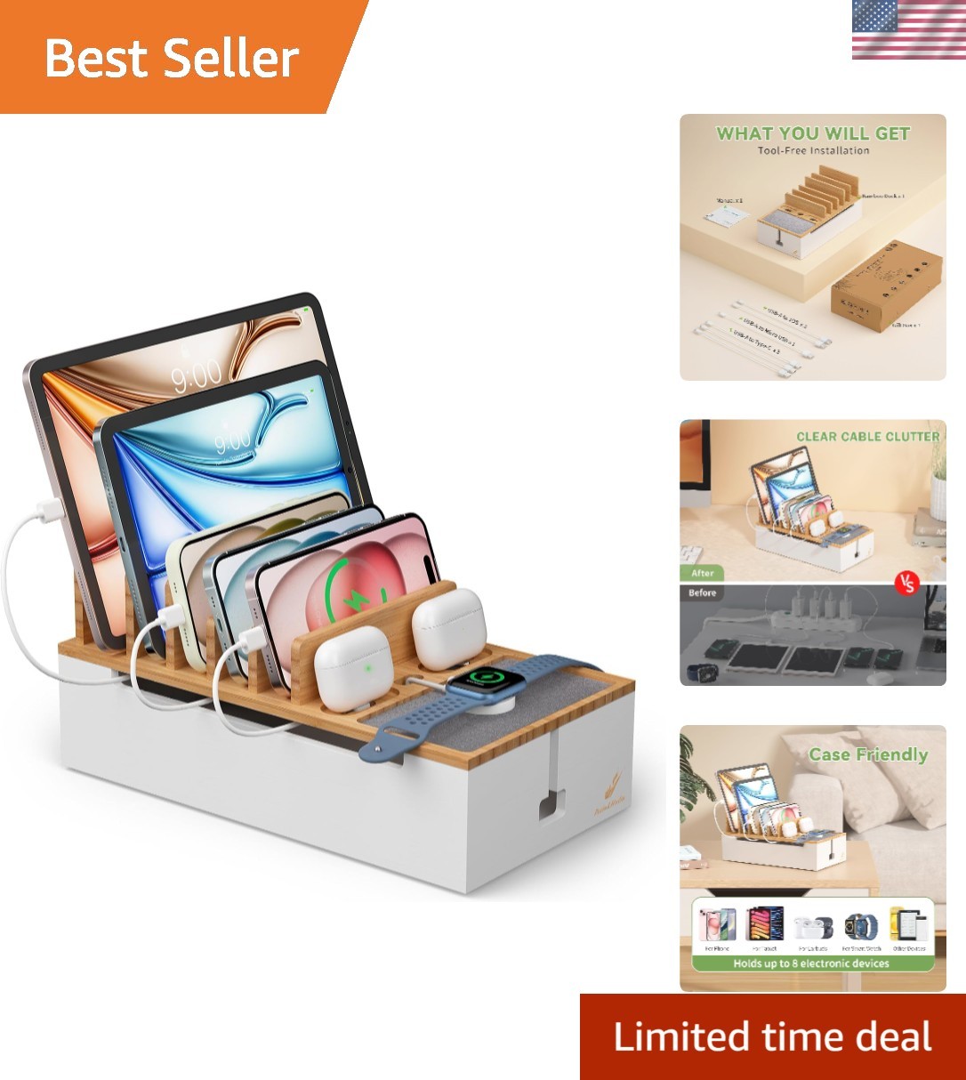 Cable Management Box, Wire Organizer for Cords-Natural+White | Charge Station...