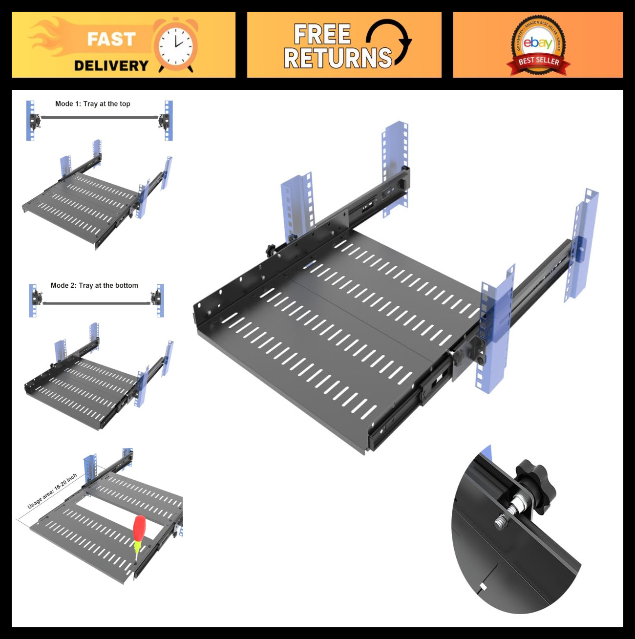 19" Sliding 4-Post Vented Rack Mount Tray for 1U Racks, Fits 14.6-22.3" Depth