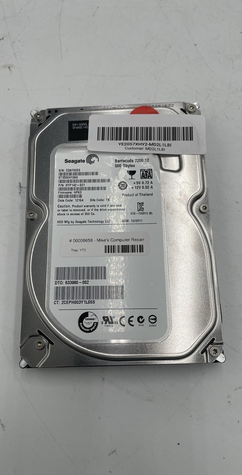 Seagate 500GB 7200RPM SATA 3.5 HDD ST3500413AS For Parts Or Repair
