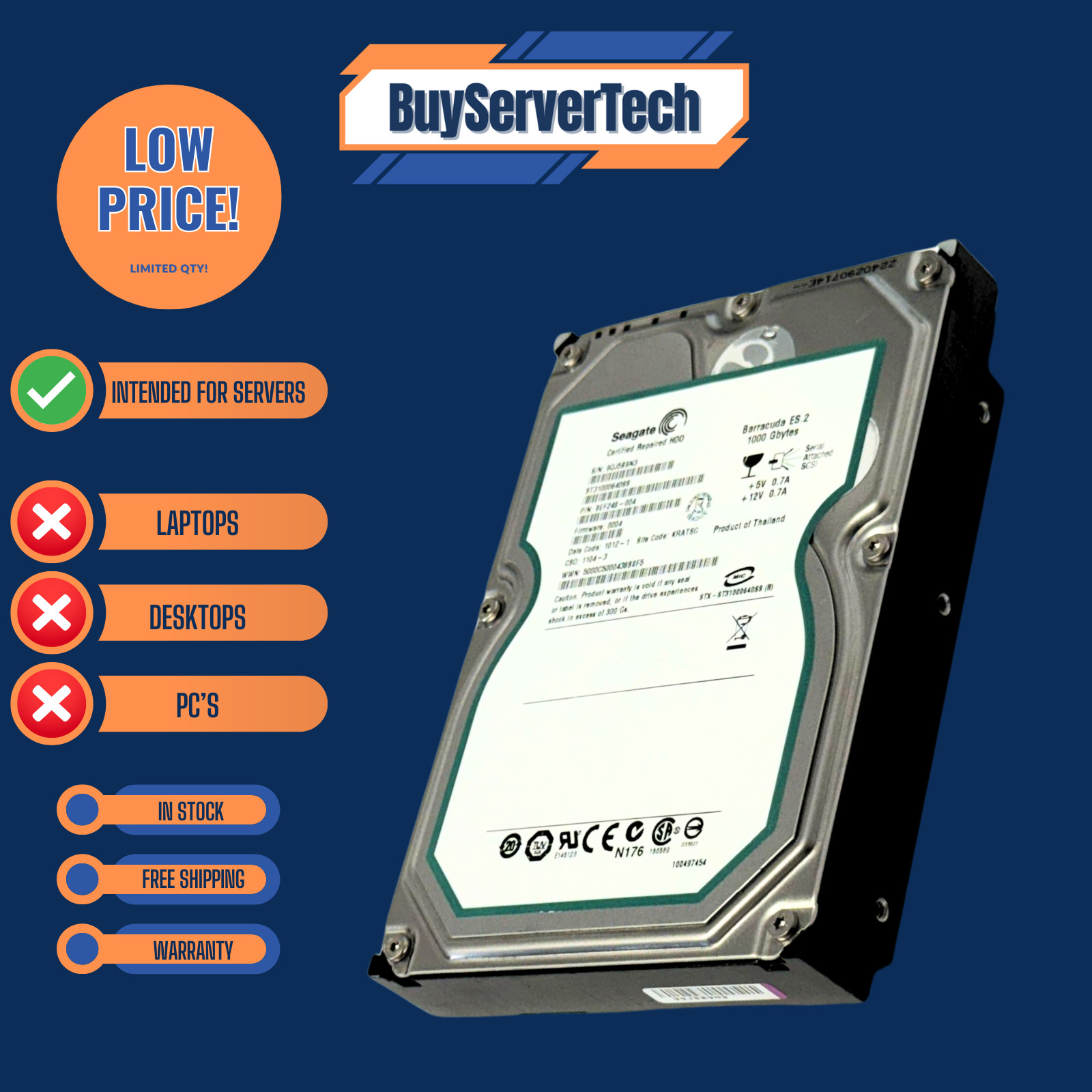Seagate ST31000640SS 1TB 7.2K 3.5" SAS 3Gb/s HDD Barracuda ES.2 | Recertified