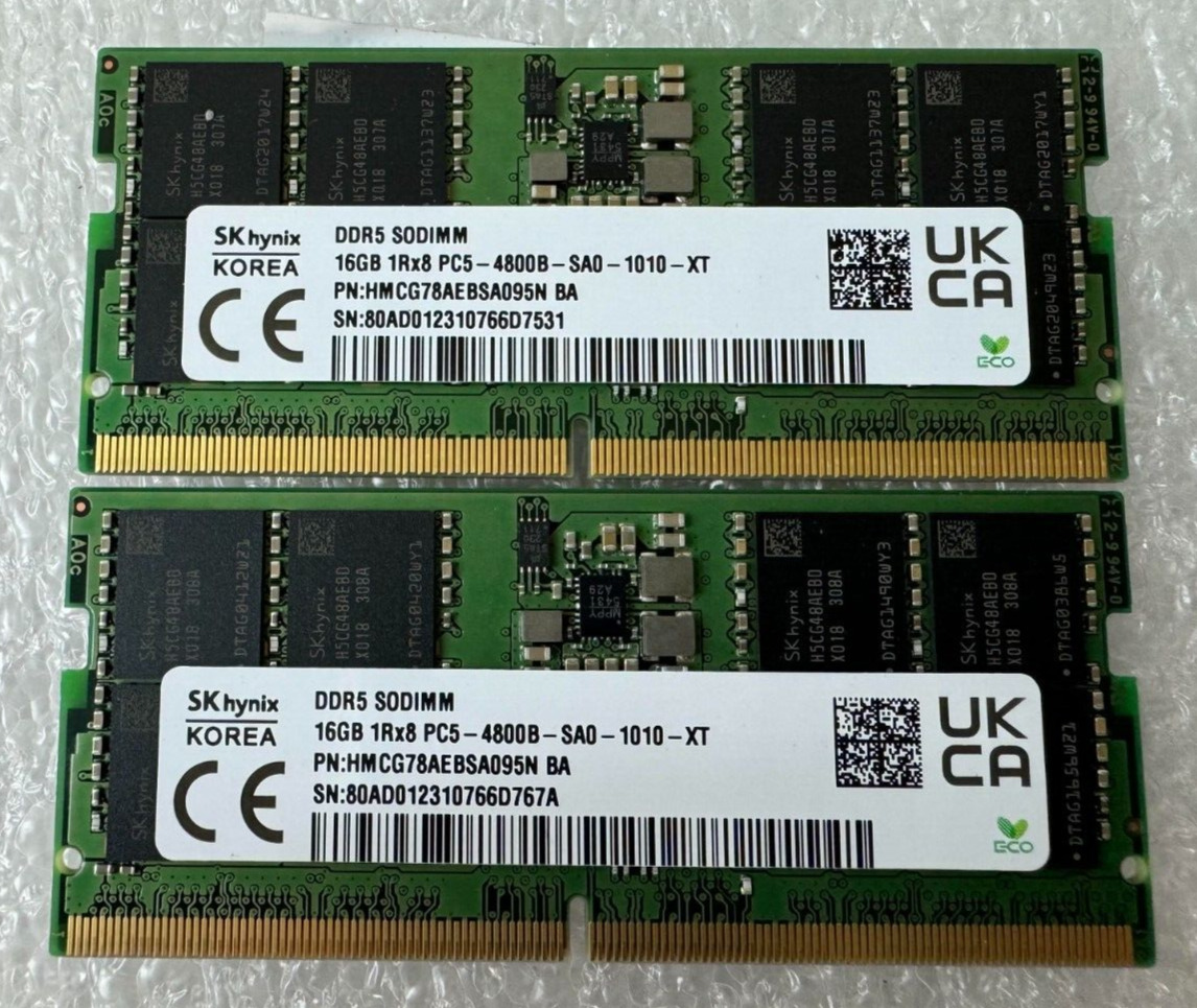 SK hynix 16GB X2 32 DDR5 4800MHz PC5-38400 SODIMM Laptop 1Rx8 HMCG78AEBSA095N BA