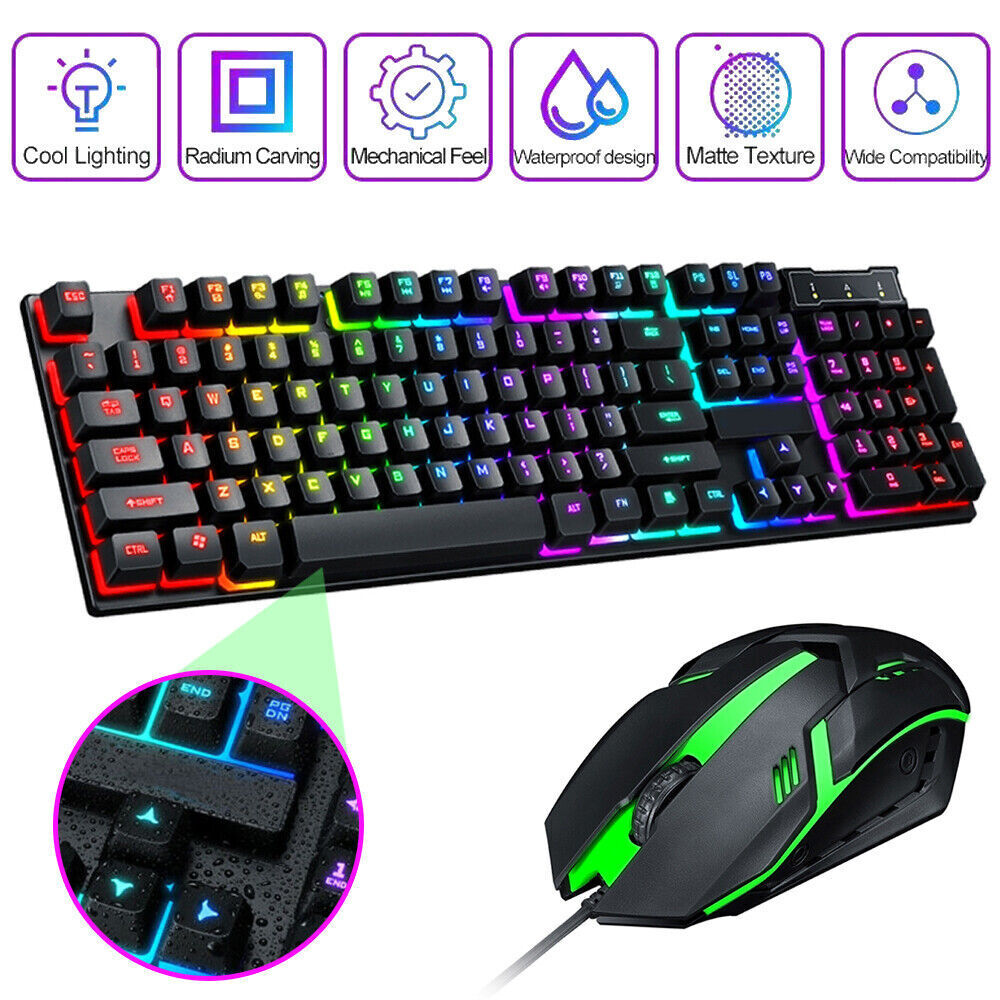 PC Gaming Keyboard Mouse Set RGB LED Gamer Bundle Mechanical Feel Light Backlit