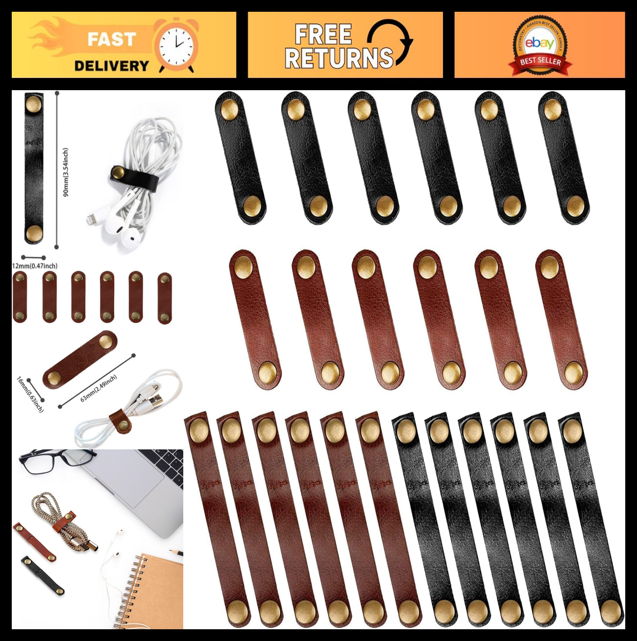 24-Pack Leather Cord Organizer Straps, Portable Cable Ties for Headphones & USB