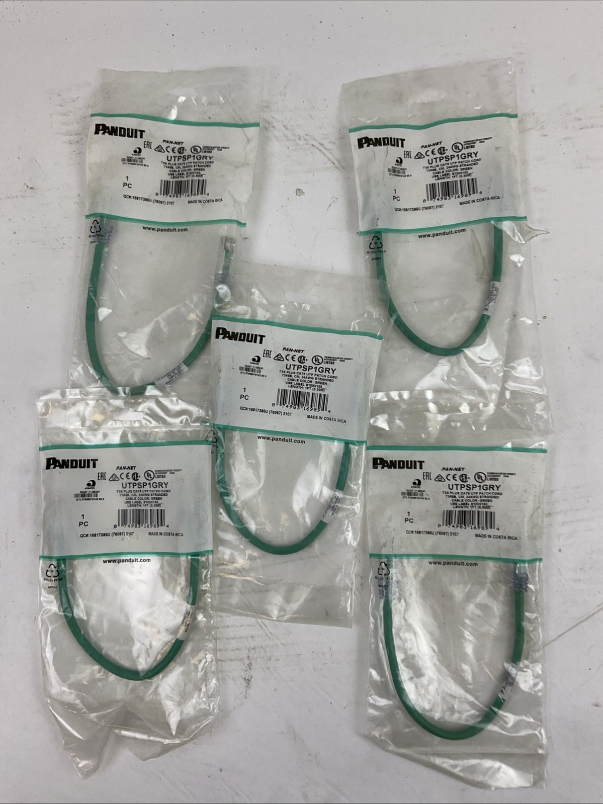 PANDUIT UTPSP1GRY 1FT TX6 PLUS CAT6 UTP PATCH CORD (LOT OF 5)