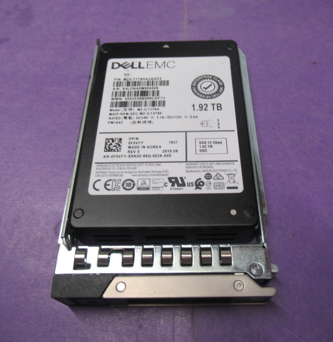 Dell EMC 1.92TB 2.5" SAS 12Gbps SSD PM1643 MZ-ILT1T9A MZILT1T9HAJQAD3. Grade A
