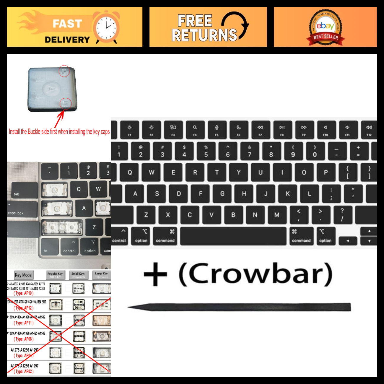 Replacement Keycaps for MacBook Air/Pro 13'' 15'' 14'' 16'' M2 M3 M4, Black Keys