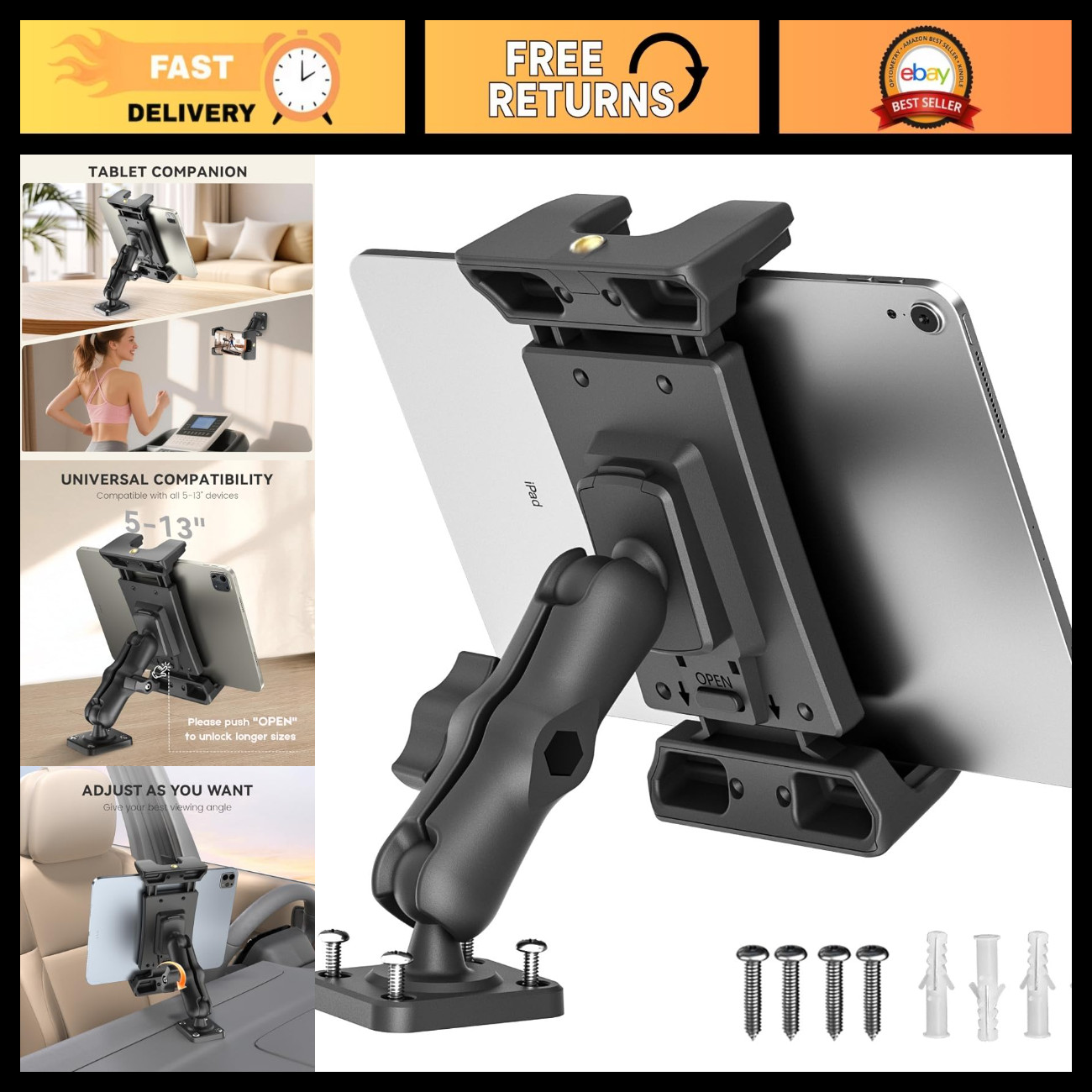 Heavy Duty Car Tablet Holder Mount - Fits 5"-13" Tablets & Phones, Adjustable Ar