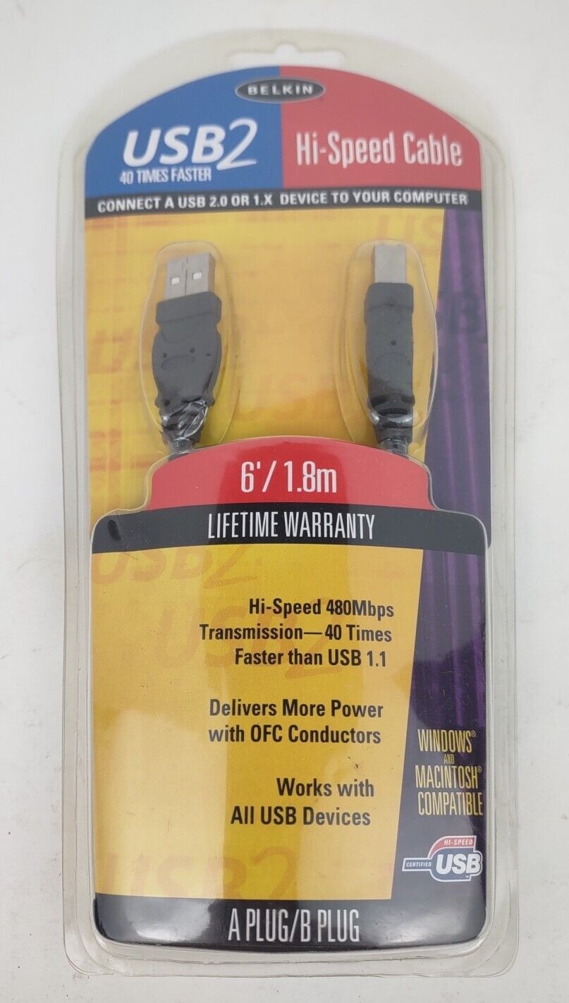 Belkin USB2 2.0 High Speed Cable 6\'/ 1.8m USB A Plug to B Plug