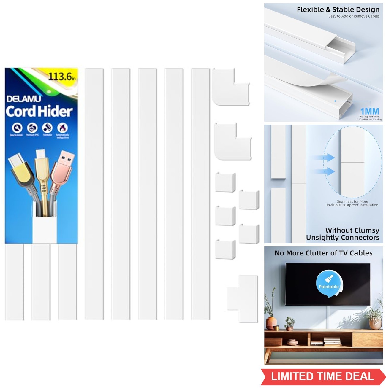 Cord Hider 113.6 Inch 8 Piece Paintable White Self Adhesive Wire Cover for Wall