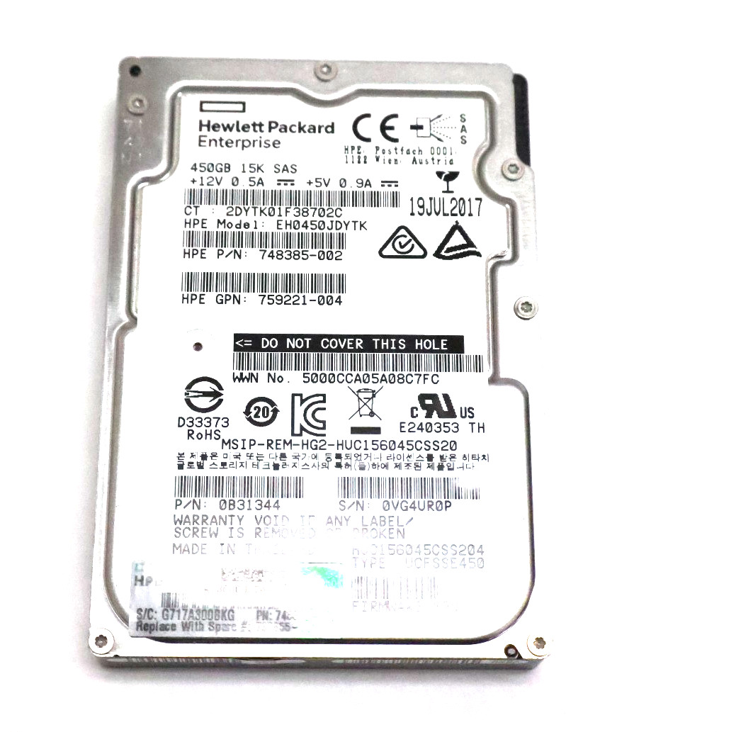 HPE EH0450JDYTK 450GB 15K RPM SAS-12Gbps 2.5" HDD 748385-002
