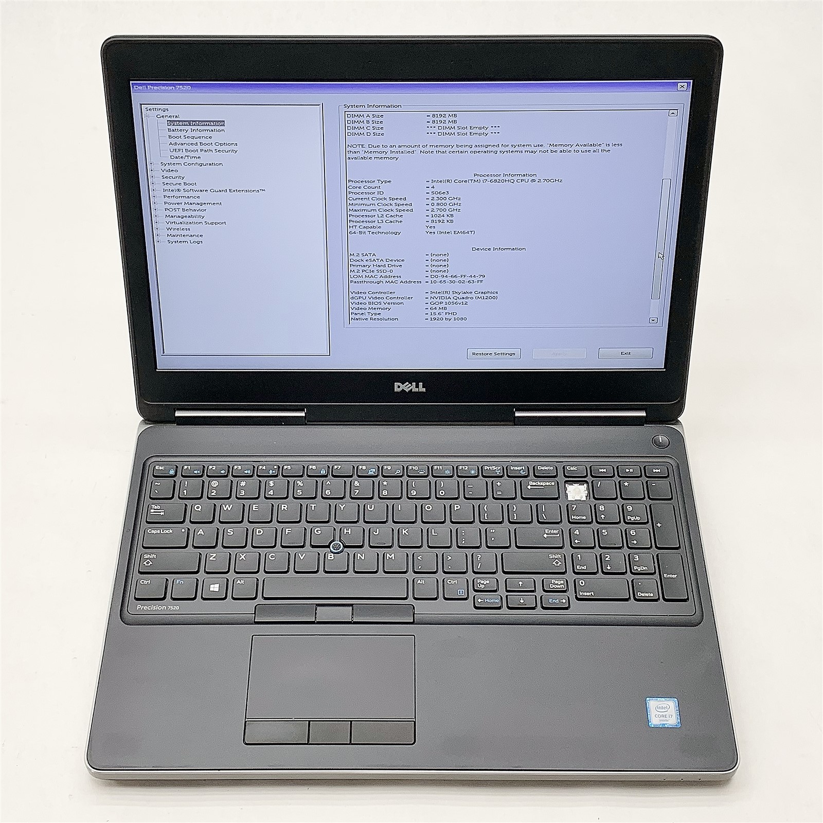 Dell Precision 7520 Laptop Intel Core i7 6820HQ 2.70GHZ 15.6" FHD 16GB NO HDD
