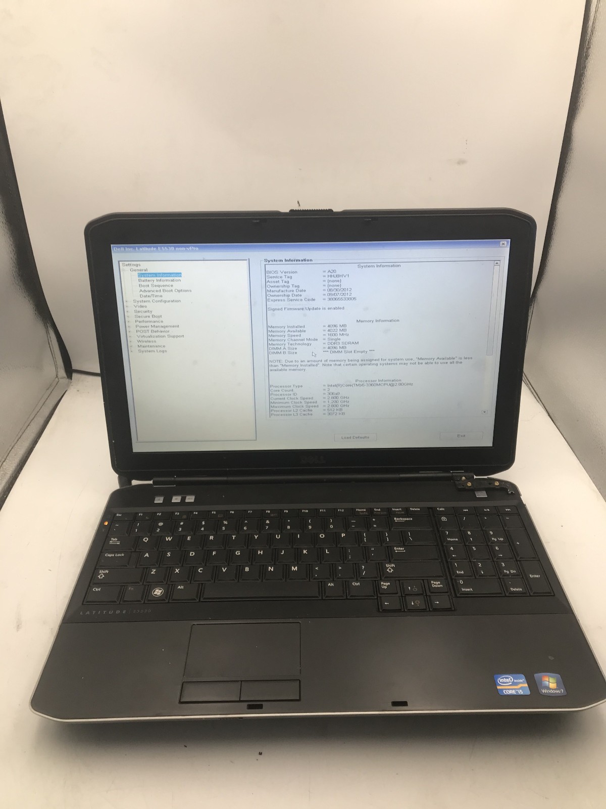 DELL LATITUDE E5530 - BOOTS TO BIOS - INTEL I3 3360M - NO RAM - 15" - READ - BB