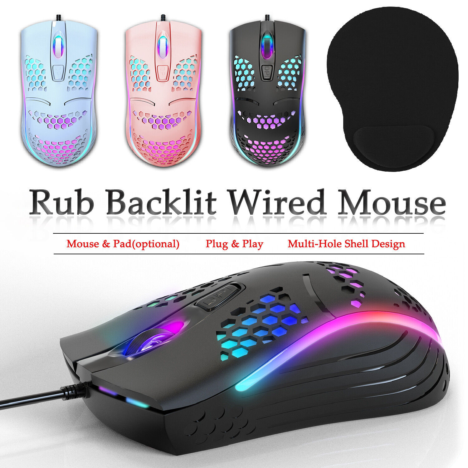 Raton Mouse para Computadora Laptop PC con Cable USB LED ILUminacion RGB Oficina