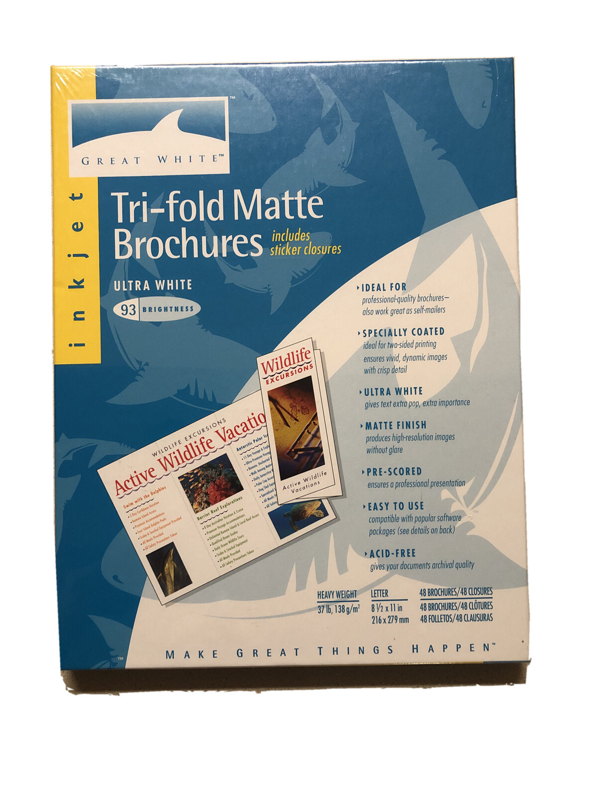 GREAT WHITE, TRI-FOLD, Matte BROCHURES, SET OF 48 with closures, NEW