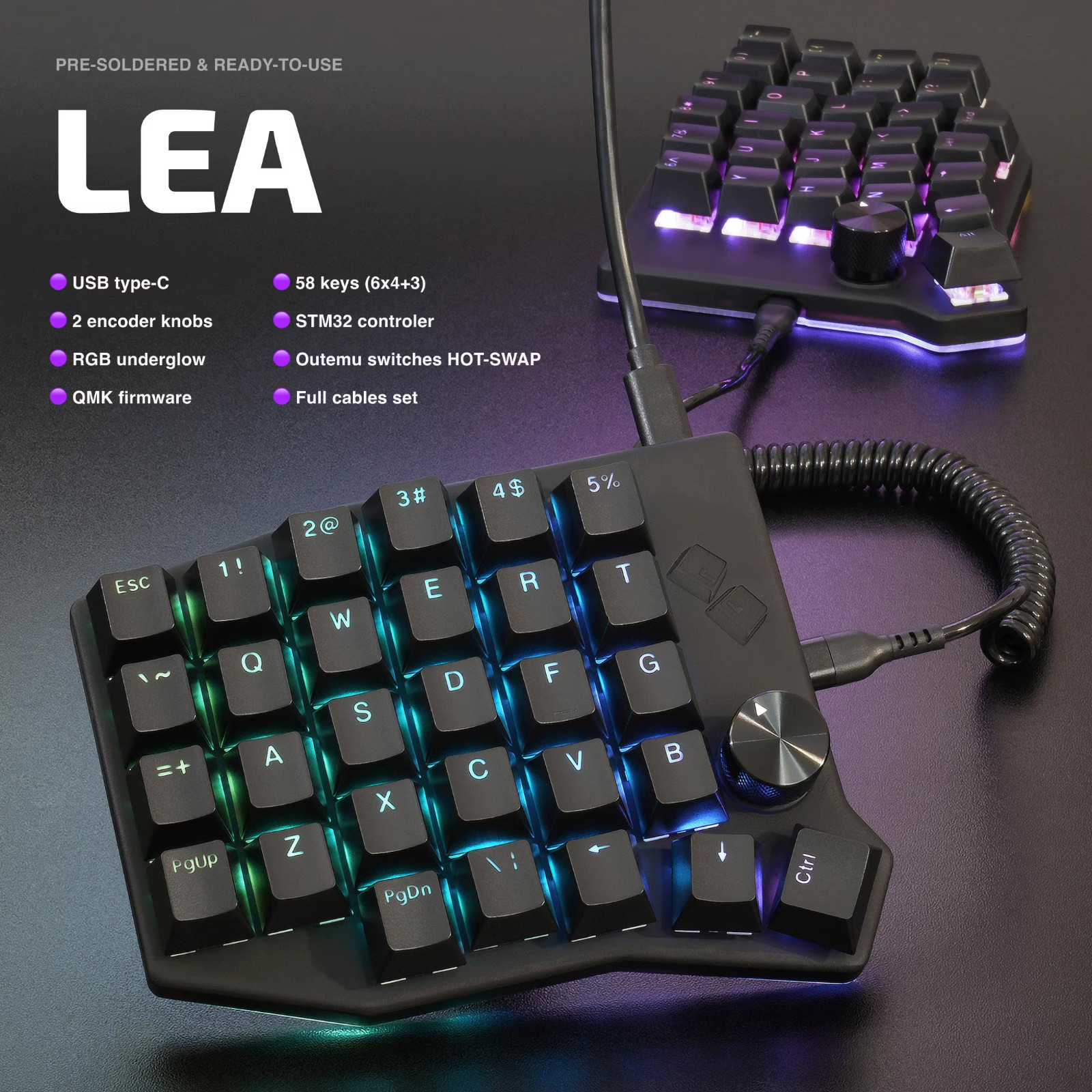 Sofle -like split keyboard Lea – RGB, QMK/VIAL, hotswap, knobs