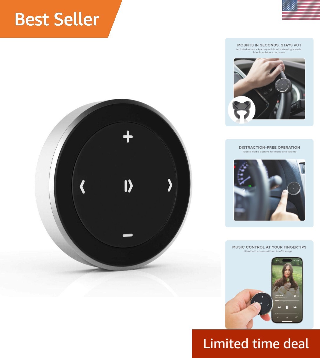Bluetooth Media Button with Steering Wheel Mount, Wireless Music & Volume Con...