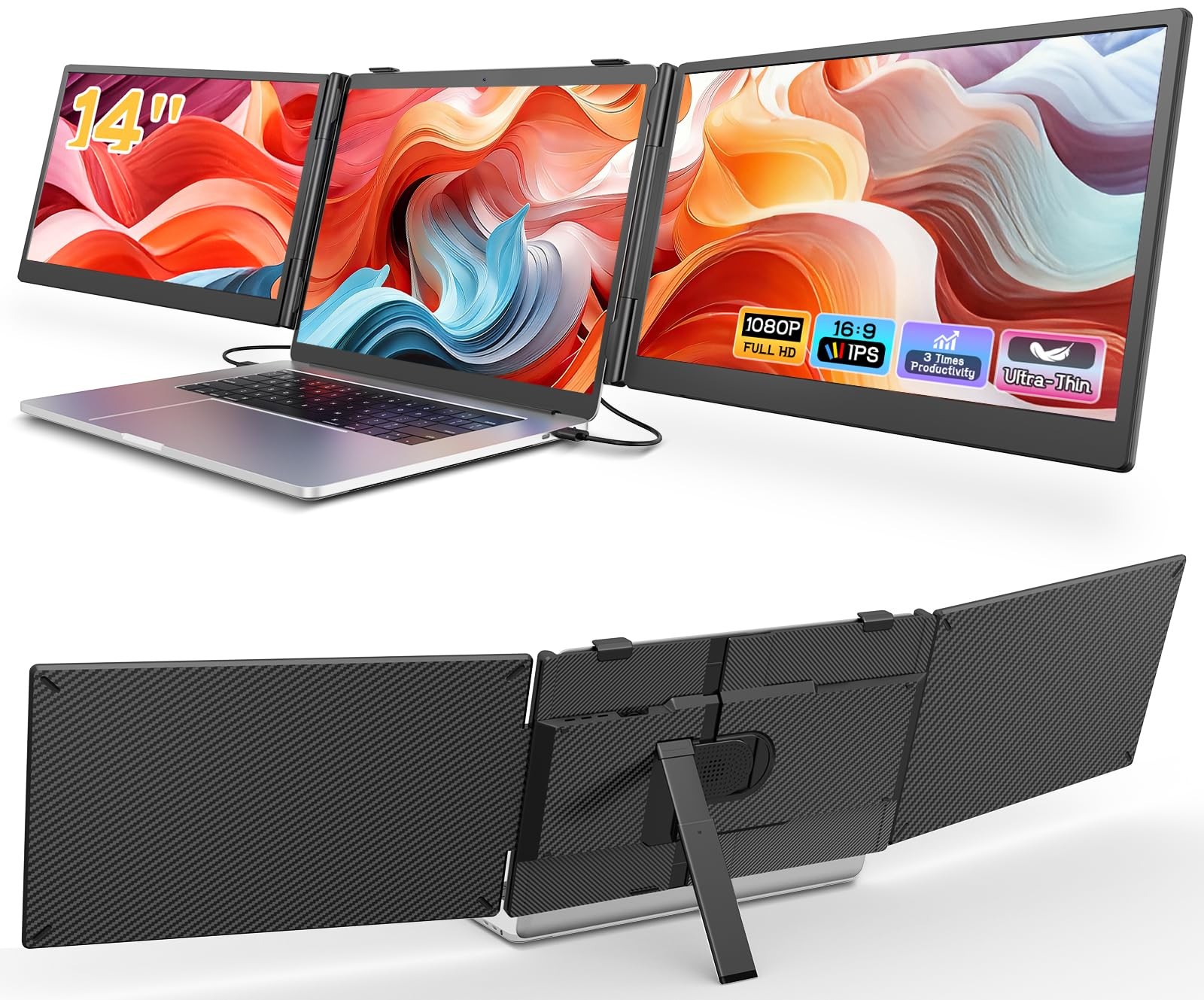 Laptop Screen Extender, 14'' FHD 1080P UltraSlim Triple Portable Monitor for ...