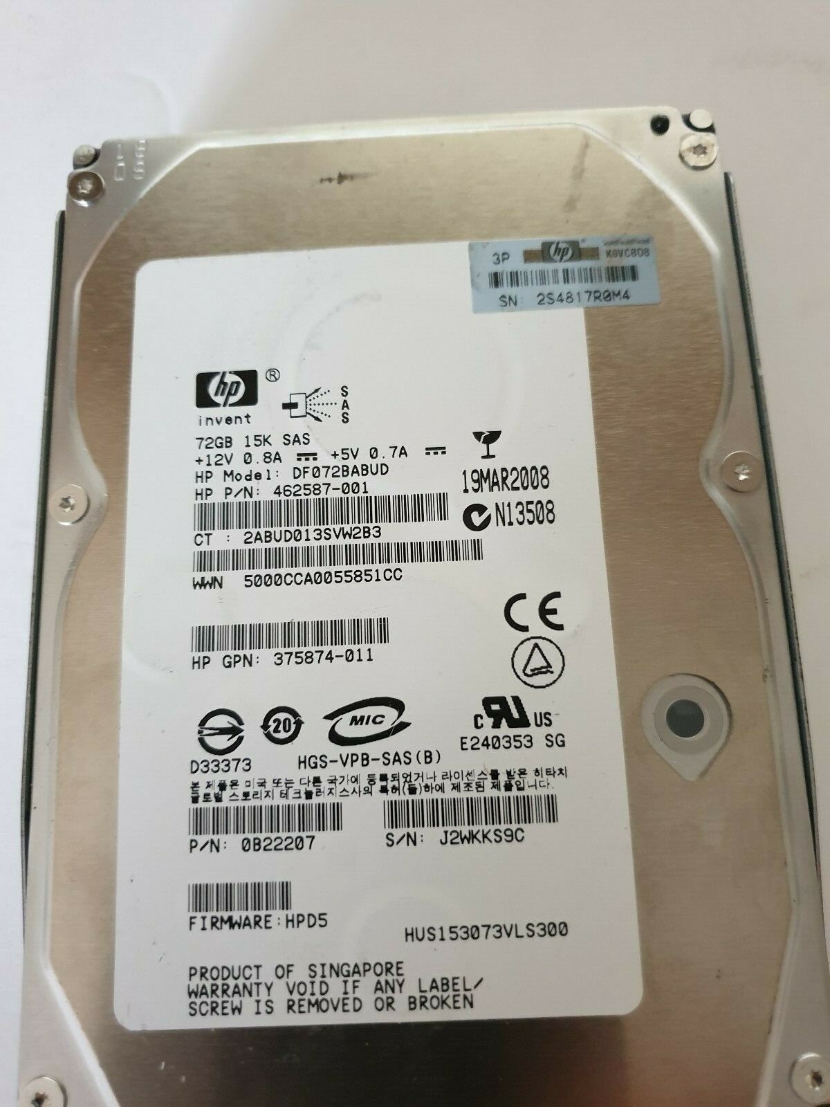HP 462587-001 DF072BABUD 72GB 3.5" 3G SAS 15K HP GPN 375874-011 --TESTED--