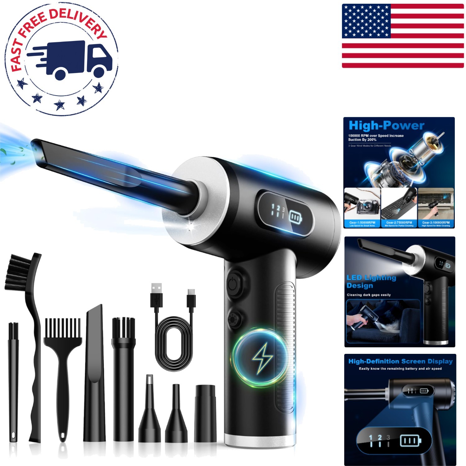 Eco-Friendly Electric Air Blower - Multi-Speed Cordless Duster with Attachments