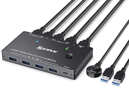 8K KVM HDMI Switch 2 Ports, KCEVE USB 3.0 KVM Switcher Box 3840x2160@120Hz