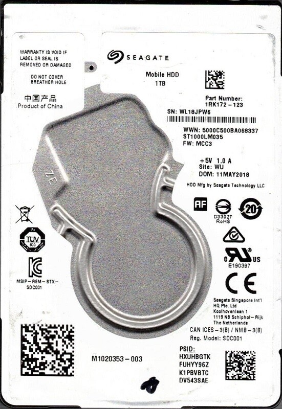 ST1000LM035 P/N: 1RK172-123 F/W: MCC3 WU WL1 Seagate 1TB Mobile HDD